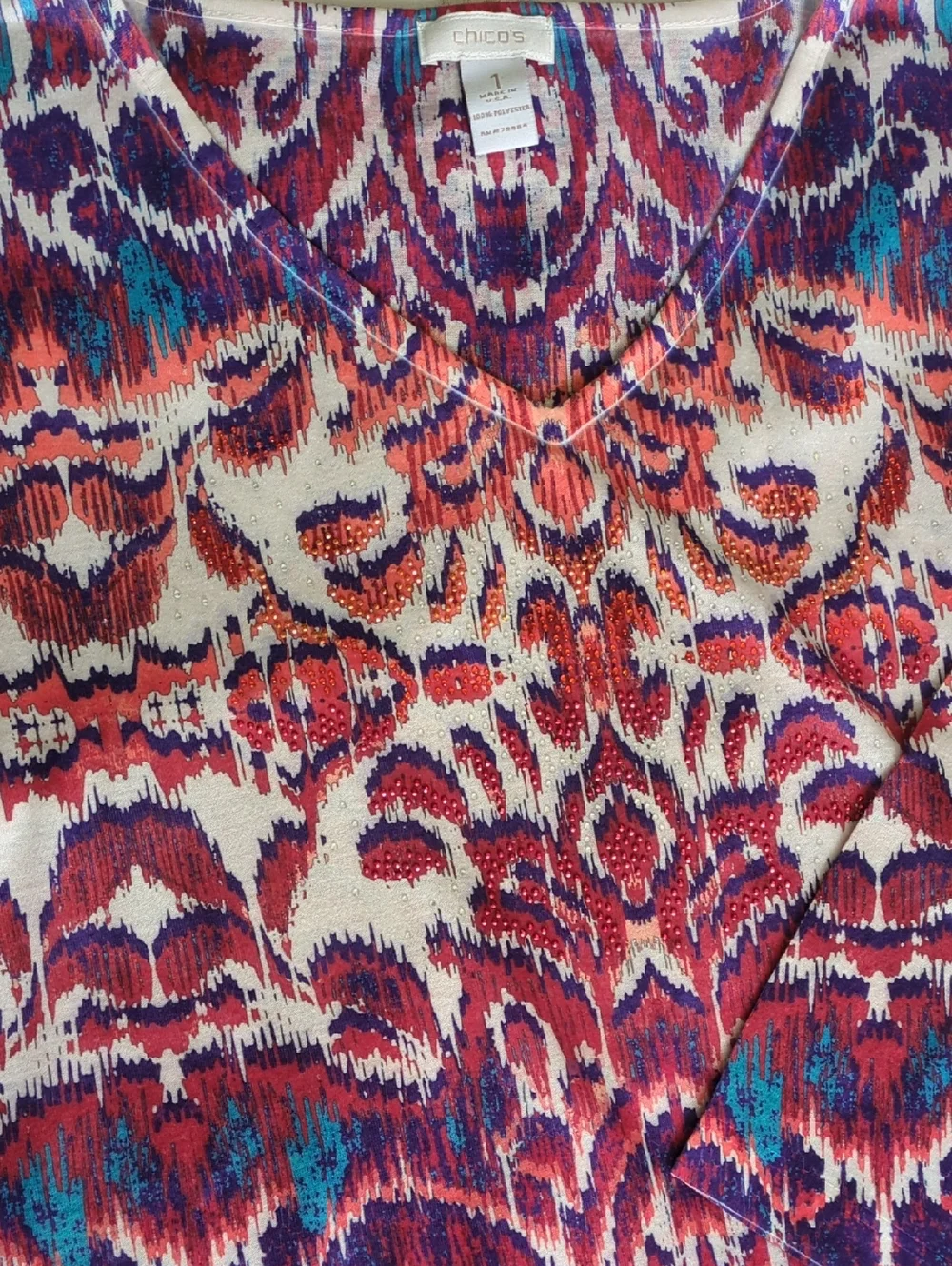 CHICOS Patterned Rhinestone 3/4 Sleeved Blouse - Picture 4 of 8
